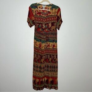 Vintage Bohemian Multicolor Maxi Dress Safari Print Size Medium Petite